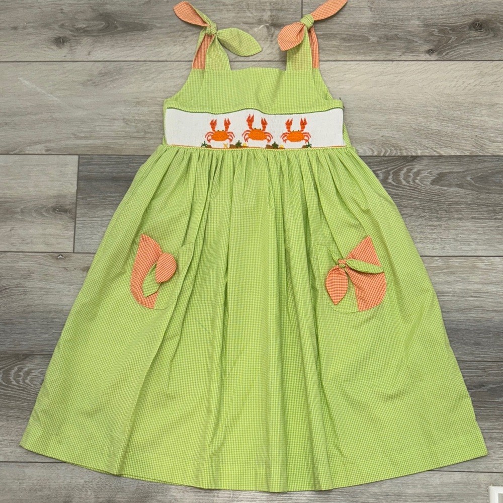 Remember Nguyen Green and Orange Kids Dress with Smocked Crab Design